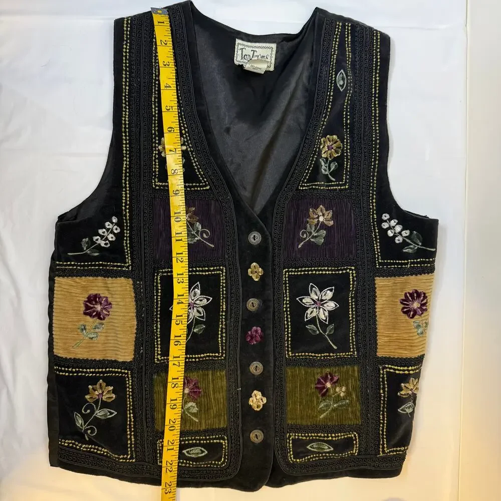 TanTrums Velvet Patchwork Floral Vest Boho Sz M